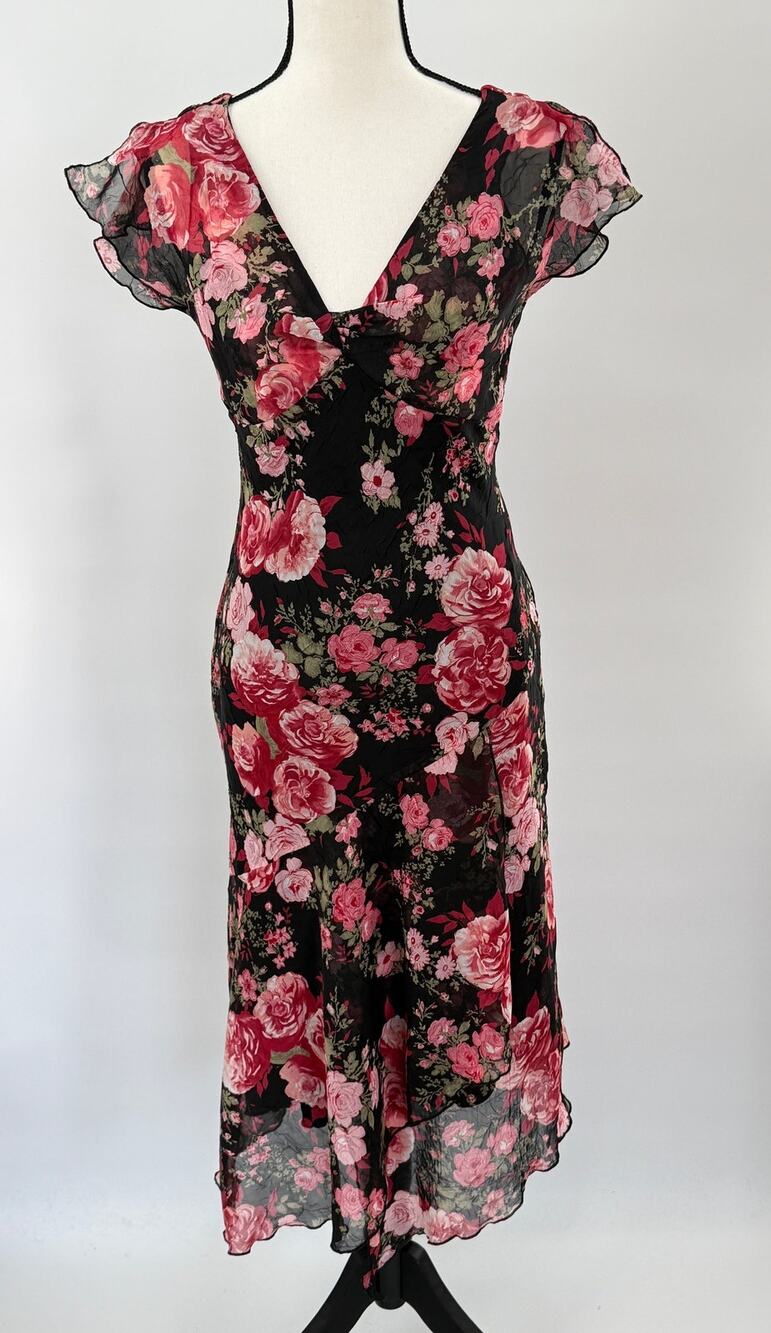 Vtg CDC Black Cottagegoth 90's Practical Magic Midi Sheer Floral 4 Dress